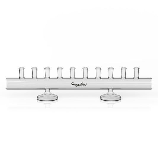 Horizontal Banger Holder - 10 Slots: Glass holder with nozzles, designed to organize and protect up to 10 male bangers, featuring a sleek horizontal design.