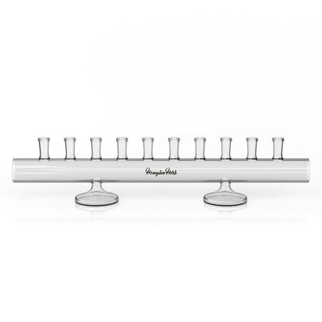 Horizontal Banger Holder - 10 Slots: Glass holder with nozzles, designed to organize and protect up to 10 male bangers, featuring a sleek horizontal design.