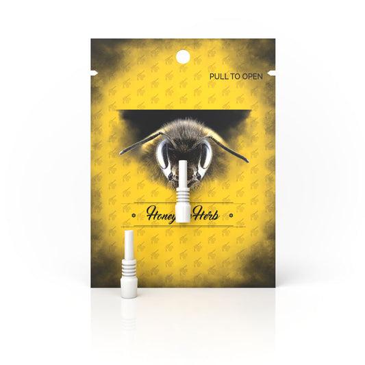 Ceramic Nectar Collector Replacement Tip - 10 mm, shown in packaging with a bee, designed for durability and easy replacement, fits 10mm nectar collectors.