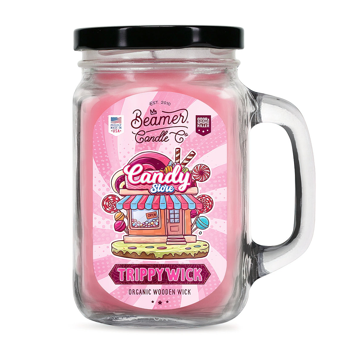 Scented Candle - TrippyWick Candy Store in a glass jar, featuring odor-eliminating enzymes, 90-hour burn time, soy blend wax, and lead-free wick.