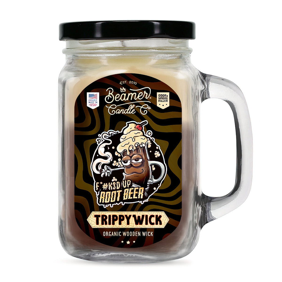 Scented Candle - TrippyWick Root Beer in a glass jar with label and lid, featuring odor-neutralizing enzymes and 90-hour burn time.