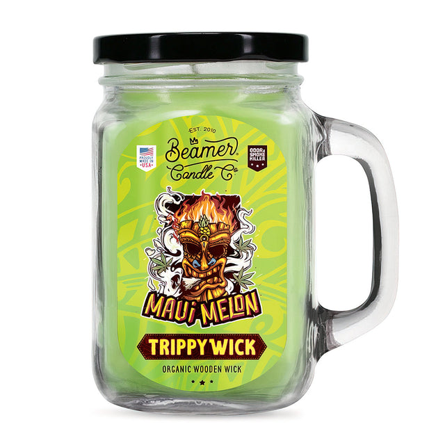 Scented Candle - TrippyWick Maui Melon in a glass jar, designed to neutralize odors with a 90-hour burn time, featuring a soy blend wax.