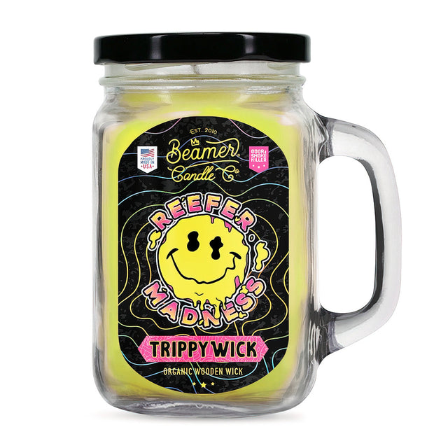 Scented Candle - TrippyWick Reefer Madness in a glass jar, featuring a yellow candle designed to neutralize odors with a 90-hour burn time.