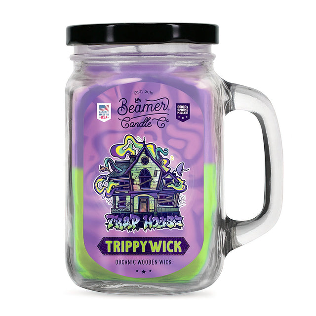 Scented Candle - TrippyWick Trap House in a glass jar, known for eliminating odors with natural enzymes, offers a 90-hour burn time.