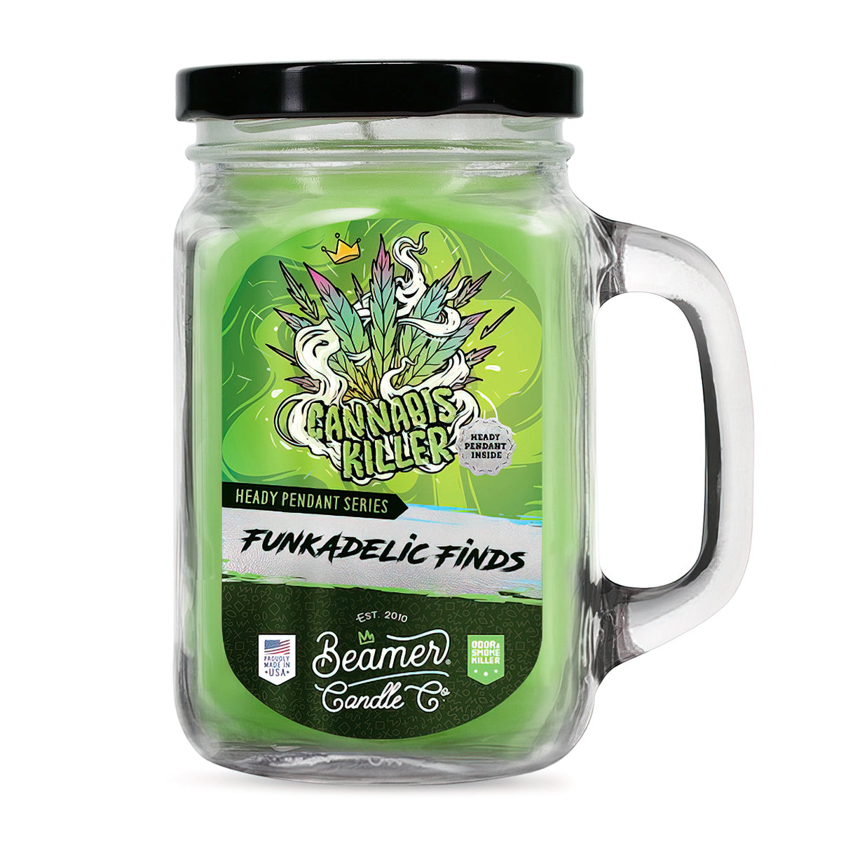 Scented Candle & Glass Pendant - Funkadelic Canna Killer in a mason jar, featuring a crackling wick for 90-hour burn time and odor-neutralizing enzymes.