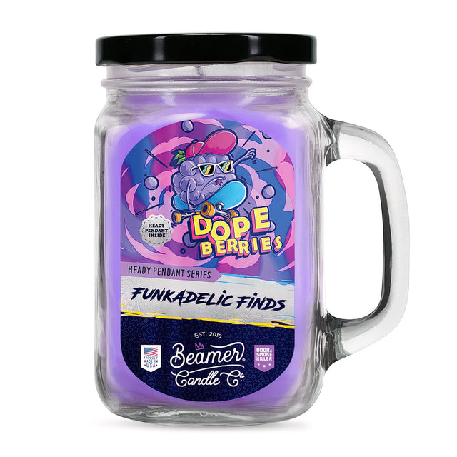 Glass jar with a label containing the Scented Candle & Glass Pendant - Funkadelic Dopeberries, designed for odor elimination and featuring a crackling wick.