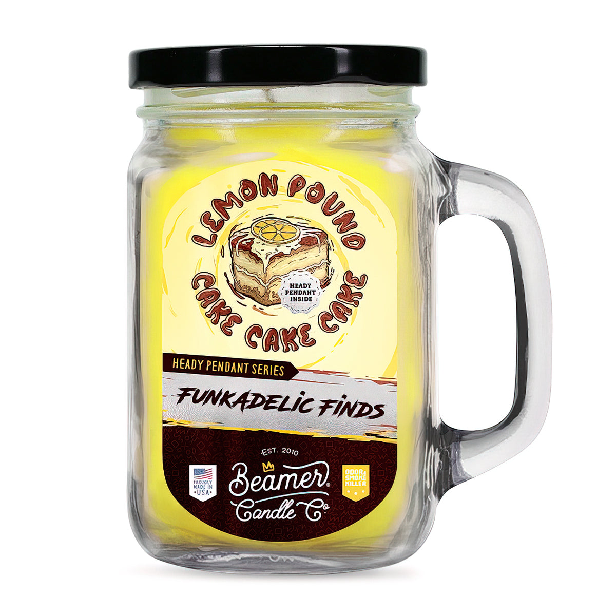 Scented Candle & Glass Pendant - Funkadelic Lemon PC in a mason jar, featuring a crackling wick for a 90-hour burn and odor-neutralizing properties.