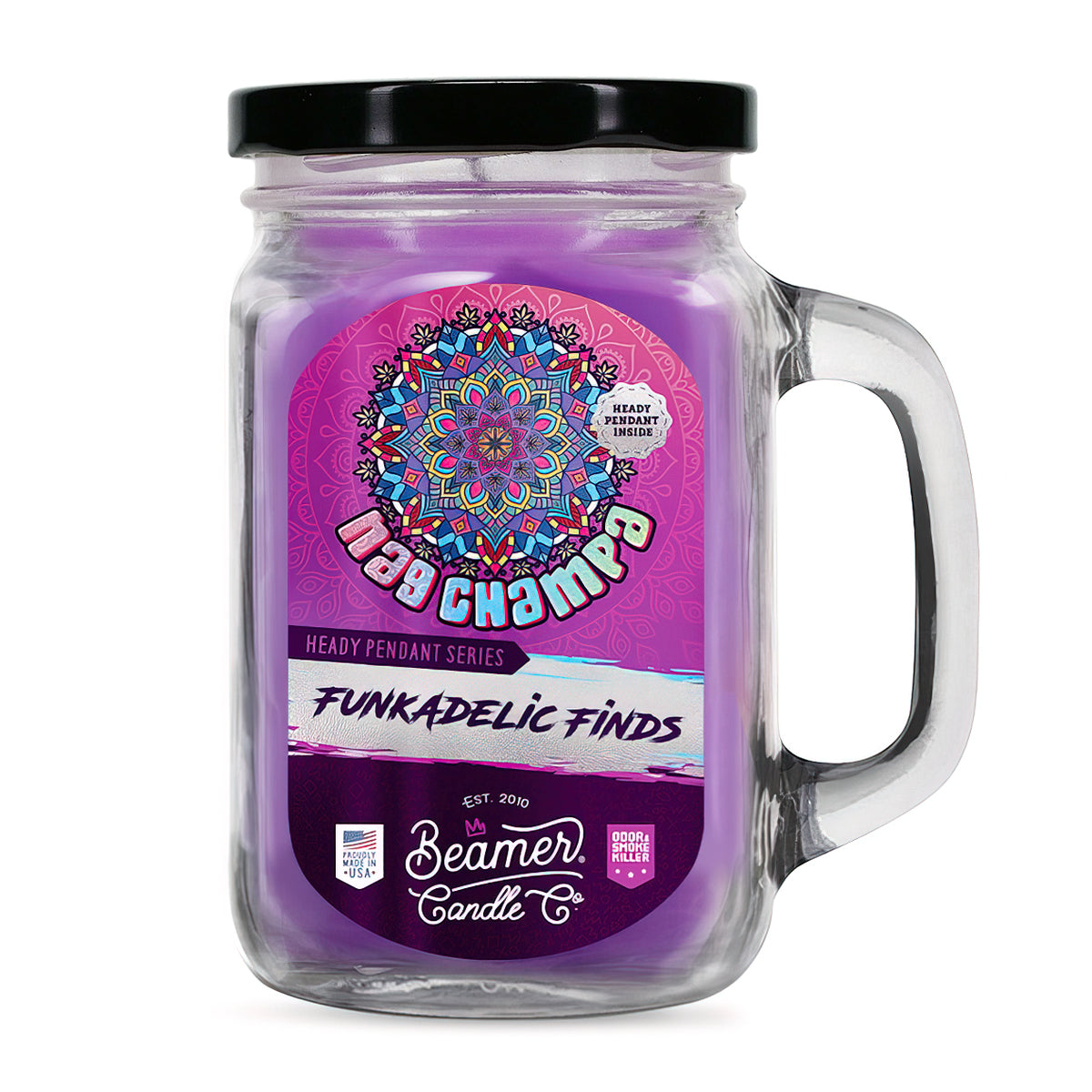 Scented Candle & Glass Pendant - Funkadelic Nag Champa in a glass jar, features odor-neutralizing enzymes and a crackling wick for 90-hour burn time.