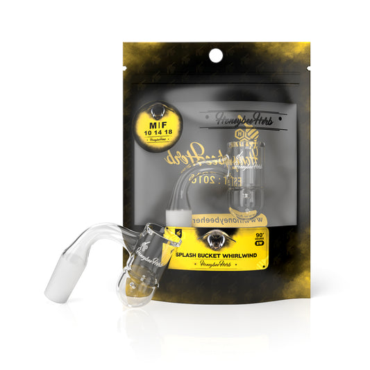 Male Splash Bucket Whirlwind Banger - 90 degree - 14 mm, featuring a hybrid design with a clear glass tube and yellow label, ideal for superior dabbing performance.