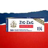 1 1/4 White Rolling Paper & Tips box featuring Zig-Zag logo, highlighting premium quality, natural gum Arabic seal, and included tips for enhanced smoking experience.