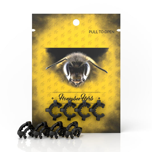 Keck Clip - 4 Pack: Secure, durable clips in a bee-themed package for connecting smoking accessories, enhancing stability and functionality in setups.