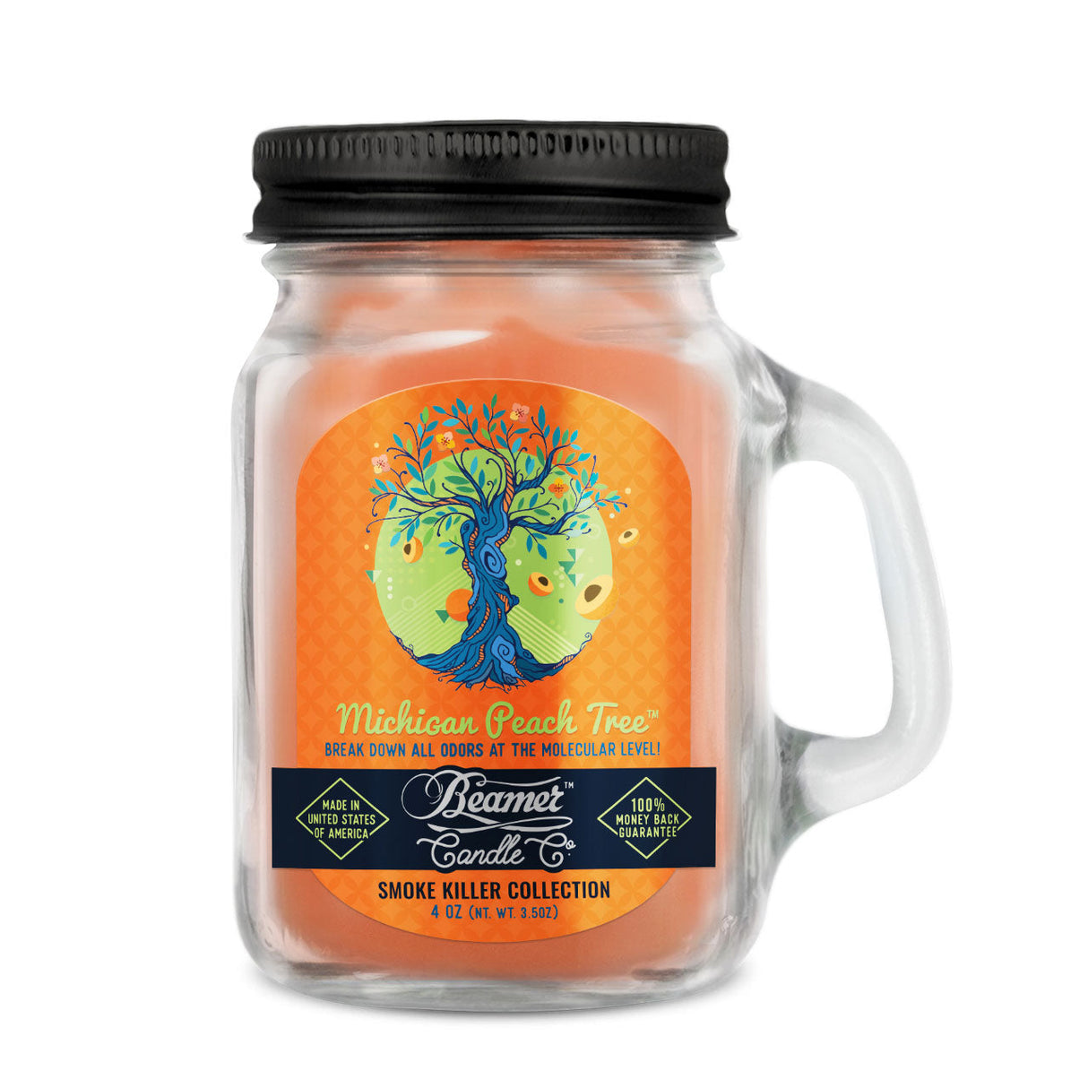 Scented Candle - Michigan Peach Tree in a glass jar with a handle and labeled lid, featuring 22-hour burn time and odor-eliminating enzymes.