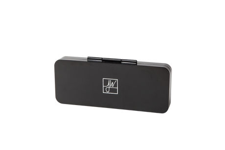 Compact Storage Case with a sleek black design, featuring a logo, handle, built-in mirror, and compartments for organizing accessories discreetly and efficiently.