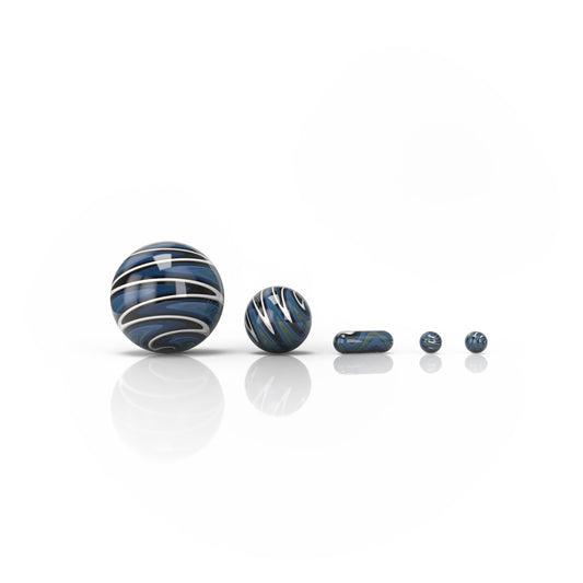 Wig Wag Dab Marble Set - 5 piece - Blue featuring various-sized, blue and white marbles designed for enhancing dabbing rigs with durable borosilicate glass construction.