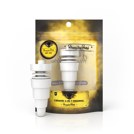 Ceramic Dab Nail - 6 in 1 with versatile design, white ceramic, visible honeybee branding, and two white components, shown in packaging.