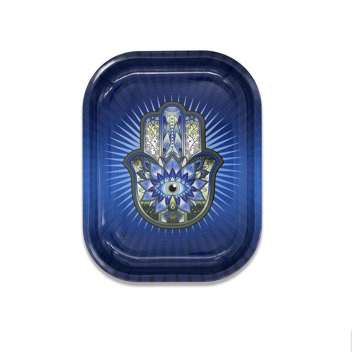 Rolling Tray - Small - Hamsa Blue featuring a hand-painted Hamsa design on a durable steel tray, ideal for organized and stylish rolling sessions.