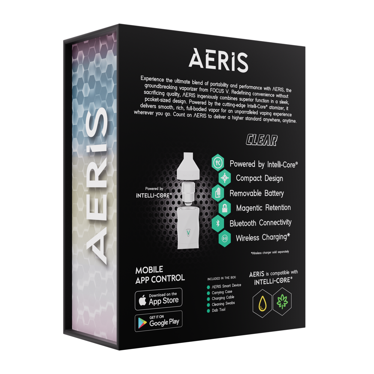 AERIS Portable E-Rig Kit showcasing its sleek design, ergonomic fit, and compact size, alongside accessories like swappable battery, magnetic mouthpiece, and Intelli-Core® for oil.