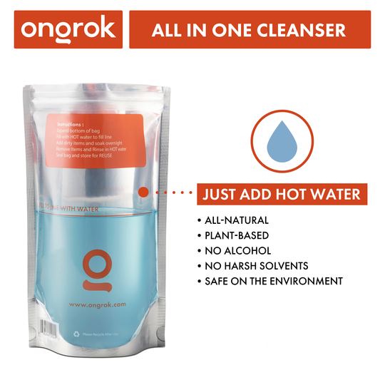 All In One Cleaner - 8 oz: A resealable mylar bag with blue liquid, designed for eco-friendly cleaning of various accessories using plant-based ingredients.