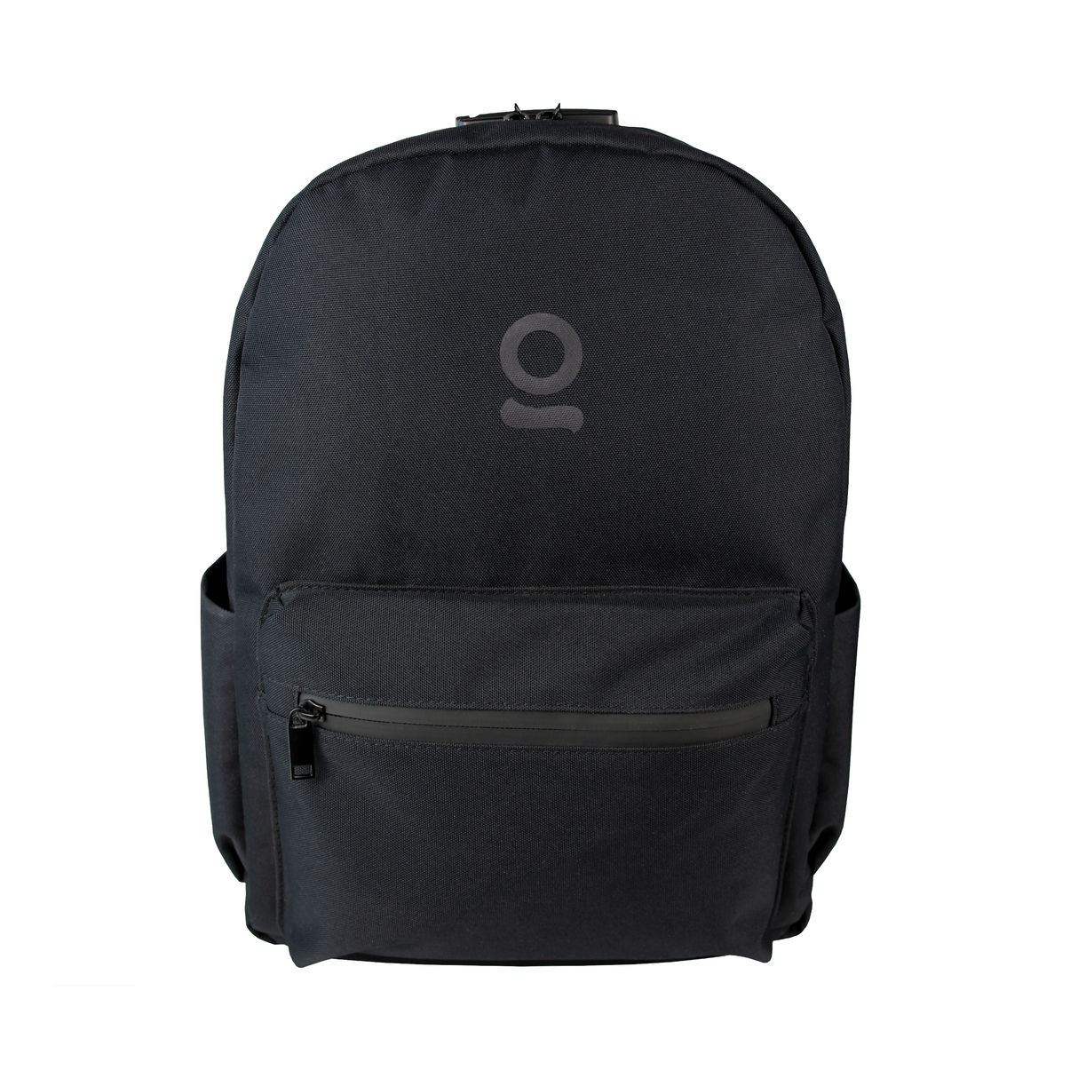 Smell Proof Backpack - Black featuring a logo, secure zipper, and durable fabric, designed with odor-proof technology and integrated lock for discreet, secure storage.