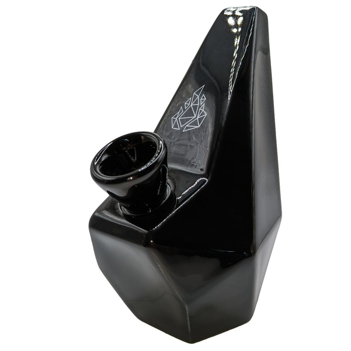 Polygon Ceramic Bubbler Pipe with white logo, featuring sleek black design and ergonomic shape for smoother smoking experience.