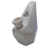 Polygon Ceramic Bubbler with ergonomic design, black triangle logo, and oversized chamber. Enhances airflow for smoother smoke and unique cannabis experience.