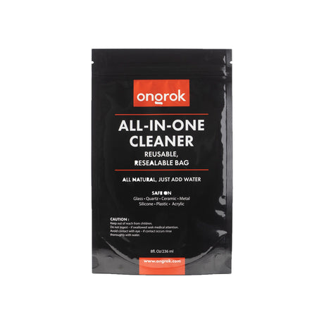 All In One Cleaner - 8 oz, packaged in a resealable black mylar bag with white text, ideal for eco-friendly cleaning of various accessories.