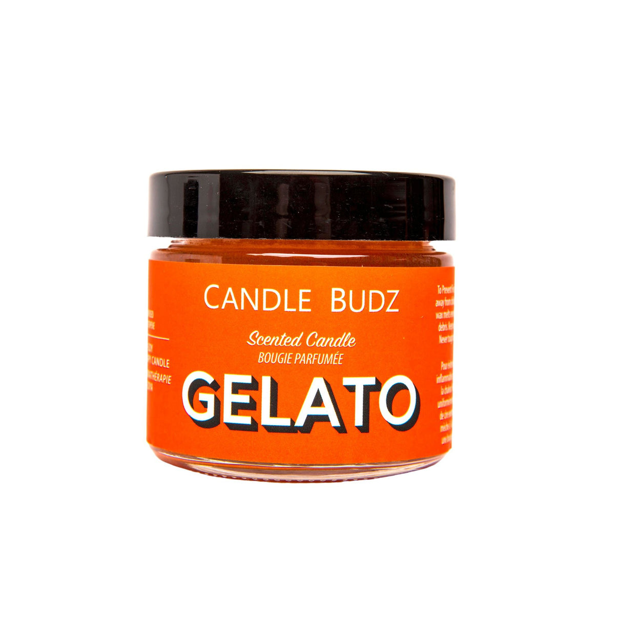 Terpene Infused Soy Candle - Gelato Strain Scent, shown in a jar with a label, reflecting its cannabis-inspired fragrance and 100% soy wax composition.