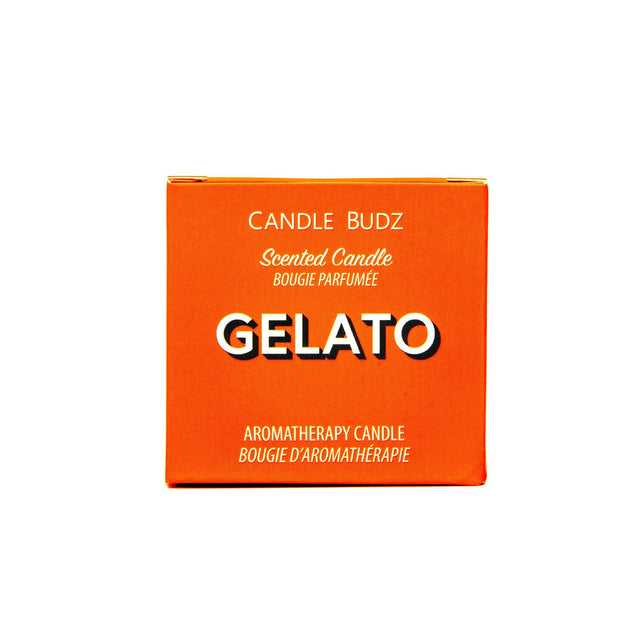 Terpene Infused Soy Candle - Gelato Strain Scent in an orange box with white text, showcasing its cannabis-inspired fragrance and California-made quality.