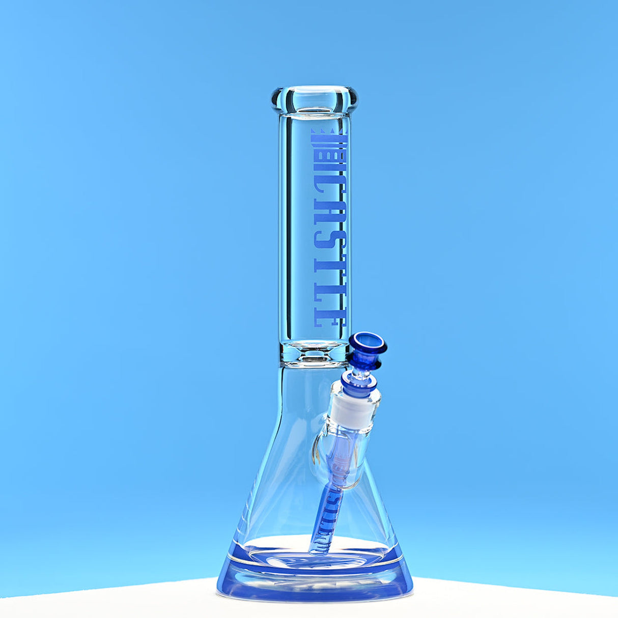 14 Glass Beaker Bong with Blue Logo, featuring a sturdy borosilicate glass build, deep bowl, and smooth smoking experience with excellent airflow.