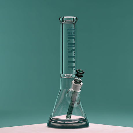 14 Glass Beaker Bong with teal logo, featuring sturdy borosilicate glass, a thick stable base, and a smooth airflow-enhancing tube for an exceptional smoking experience.