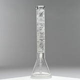 18 Glass Beaker Bong - Lines featuring intricate white etched designs on borosilicate glass, with a wide base for stability and a white cap.