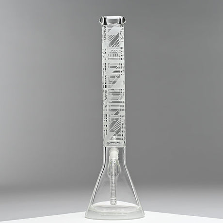 18 Glass Beaker Bong - Lines featuring intricate white etched designs on borosilicate glass, with a wide base for stability and a white cap.