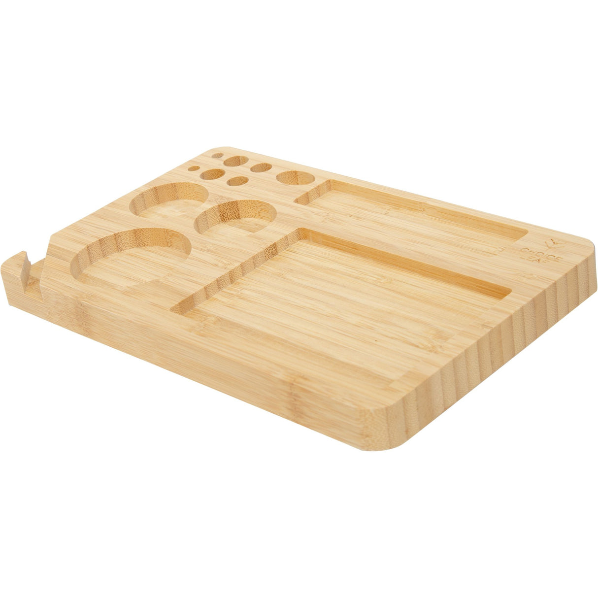 Wood Rolling Tray with holes, featuring two smooth surfaces, nine accessory sections, and a lighter holder, crafted from wood for organized rolling.