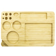 Wood Rolling Tray with holes, featuring two smooth surfaces and sections for organizing nine accessories, plus a lighter holder. Dimensions: 24.75 cm x 15.8 cm.