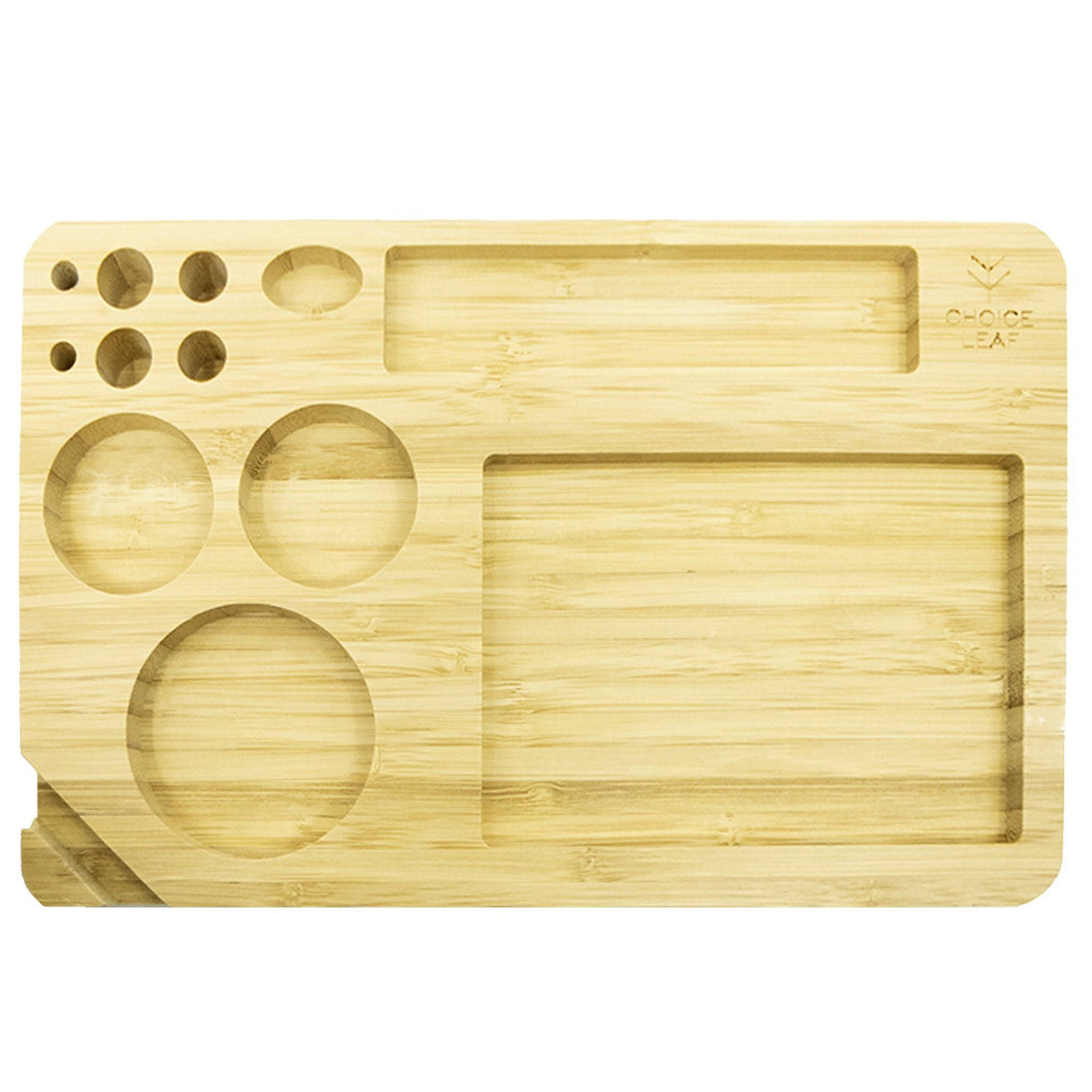 Wood Rolling Tray with holes, featuring two smooth surfaces and sections for organizing nine accessories, plus a lighter holder. Dimensions: 24.75 cm x 15.8 cm.