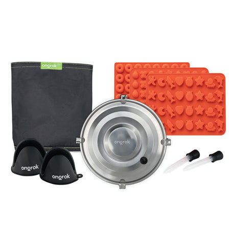 Decarboxylator Kit with stainless steel container, silicone molds, black bag, and pipette, ideal for herb decarbing and infusion, ensuring odor-proof, easy storage.