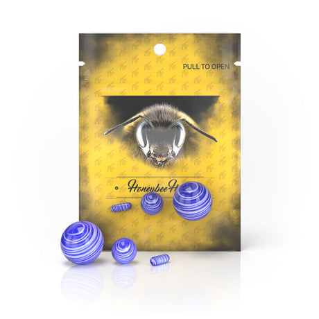 Dab Marble Set - 4 Pieces - Blue features a bee-themed packaging and includes blue and white marbles for enhancing dabbing efficiency and aesthetics.