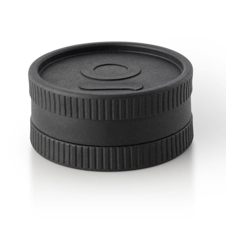 Hemp Biodegradable Grinder - Black: A compact, black, circular grinder with a discreet design, featuring a logo and durable teeth for consistent grinding.