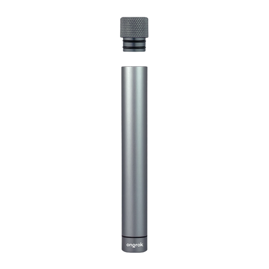 Premium Aluminum Doob Tube: Silver cylindrical microphone-like object with cap, crafted from durable aircraft-grade aluminum, offering smell-proof storage for rolled herbs.