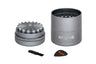 Mini 5 Piece Flower Petal Toothless Grinder with Storage - Black, featuring a cylindrical aluminum body, built-in storage, and a visible logo design.