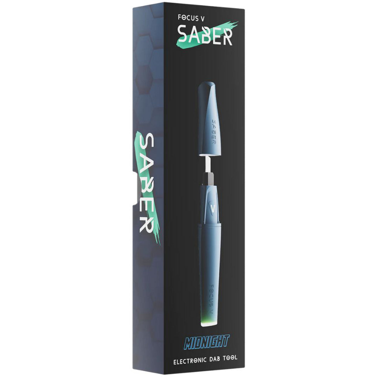 Saber Electric Dab Tool, featuring an ergonomic design with a high-capacity battery, USB-C port, LED spotlight, and visible logo on the pen-like device.