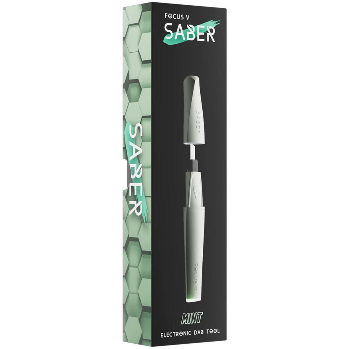 Saber Electric Dab Tool in a box, featuring a sleek design with ergonomic features, USB-C charging, and a green and white logo visible on the packaging.