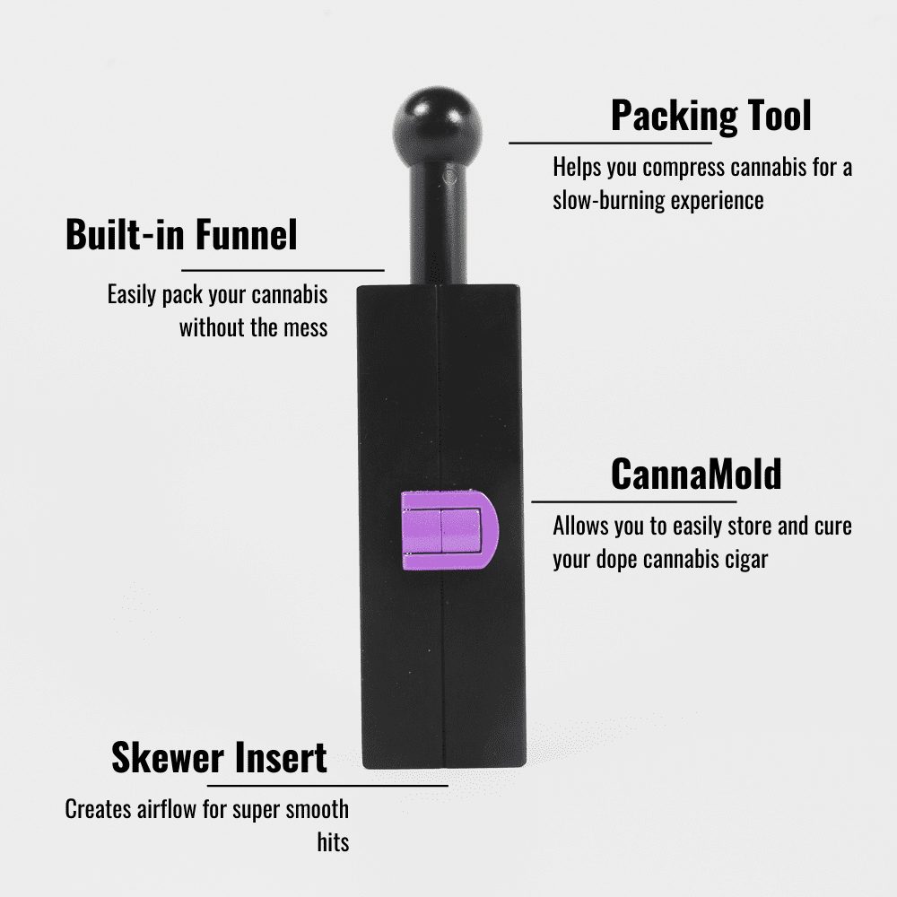 Large CannaMold - Fits 7-14g, featuring a black design with a prominent purple knob, essential for crafting slow-burning cannagars with extended smoking sessions.