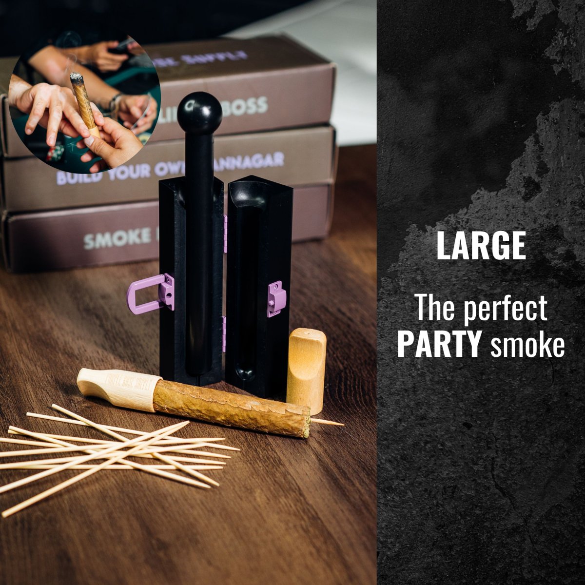 Large CannaMold - Fits 7-14g displayed with a cigar and box, highlighting its innovative design for crafting long-lasting, smooth-burning cannagars.