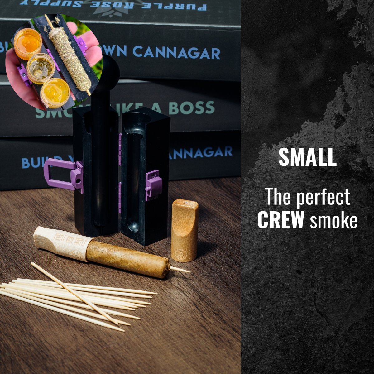 Small CannaMold - Fits 3.5-7g, shown with cigar-like cannagar and wooden tip on a table, designed for slow-burning, smooth smoking sessions.