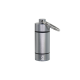 Small Storage Key Chain: Close-up of a sleek, cylindrical keychain tube with airtight, waterproof design, featuring a screw-on cap and key ring attachment.