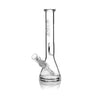 12.25 Glass Beaker Bong with a clear glass design and black accents, featuring a removable fission downstem and geometric pinch for enhanced smoking experience.