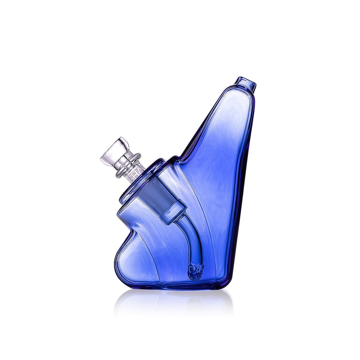 Light Cobalt Bubbler - Wedge: A sleek blue glass bong with a tube, ergonomic design, and a restricted mouthpiece for a smooth smoking experience.