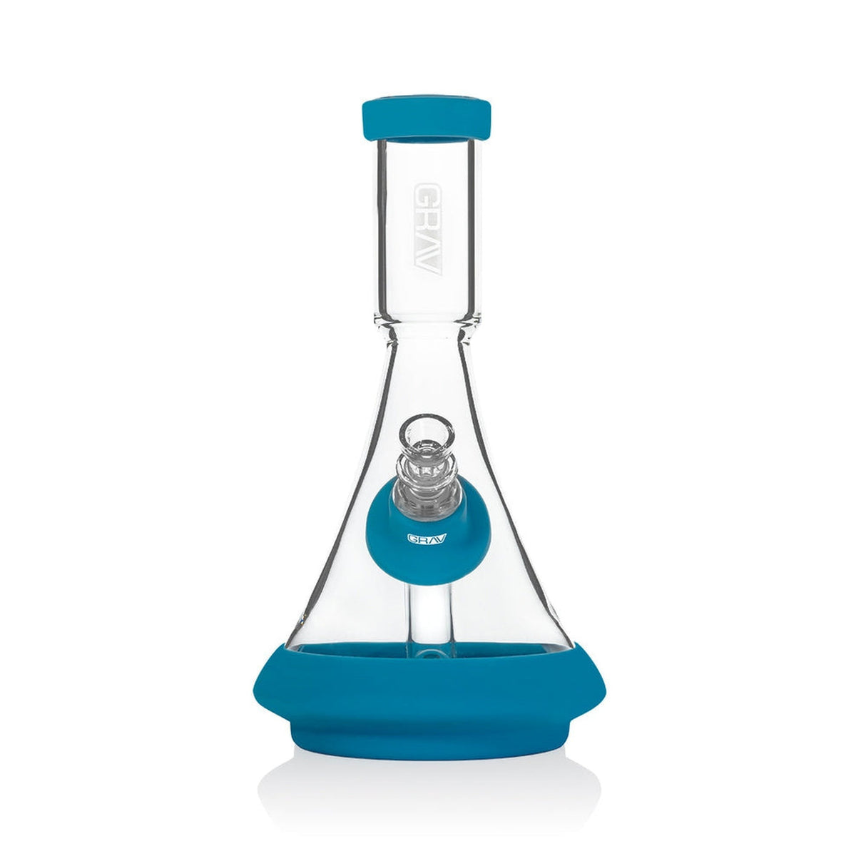 Deco Glass Beaker Base Bong with Silicone Cover, featuring a traditional beaker shape, blue handle, and silicone-protected base and mouthpiece for enhanced durability.