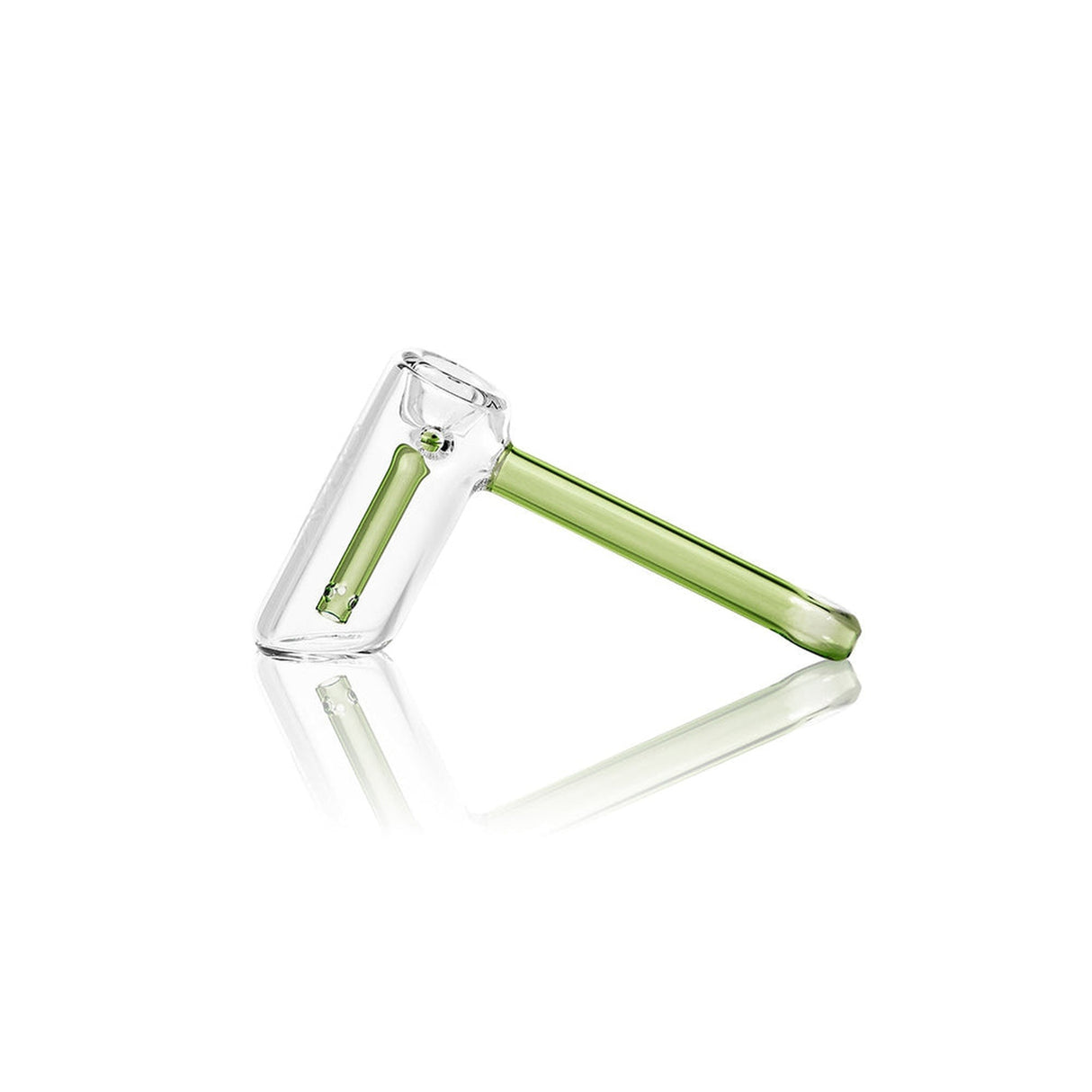 Glass Bubbler - Mini Hammer with a compact design, featuring a green handle and sturdy base, perfect for smooth solo smoking sessions.